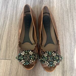 Marni metallic Bronze Leather Embellished Peep Toe Flats Beaded Slip-On (37)